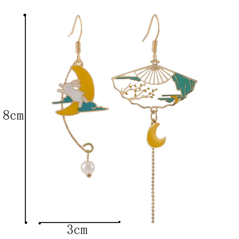 Chinese Style Folding Fan Crane Carp Lotus Asymmetrical Long Tassel Dangle National Style Earrings for Women Jewelry Gift