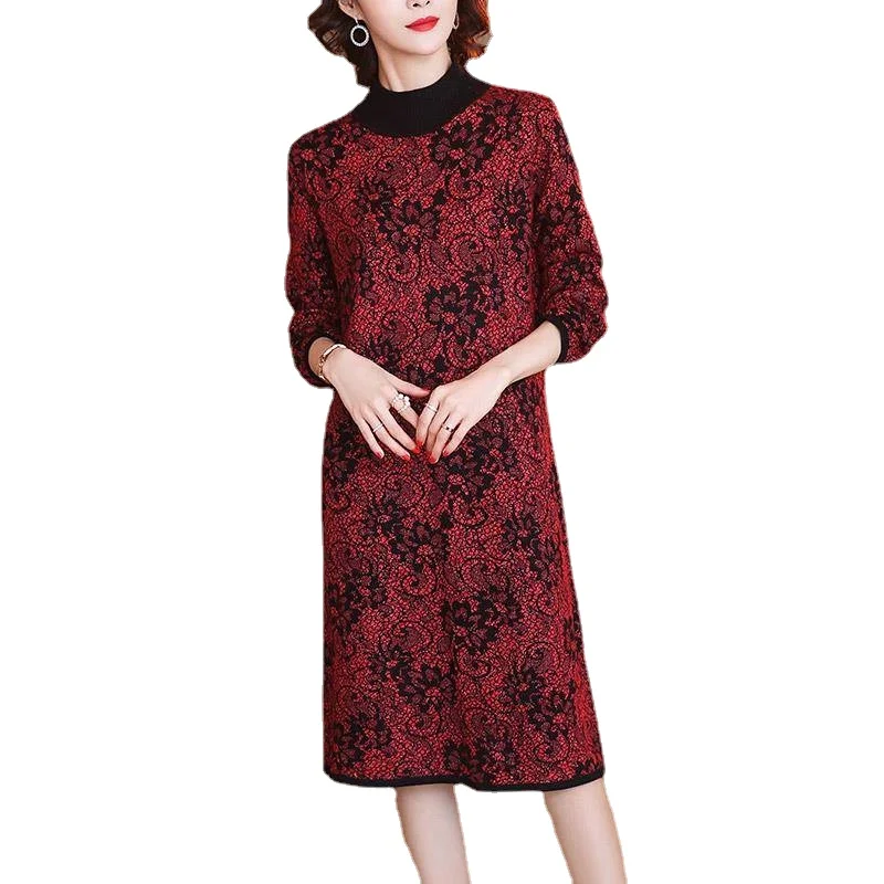 

2021 New Autumn Winter Women Elegant Knitted Mid-length Sweater Dress Retro Floral Print Warm Long Wool Sweater