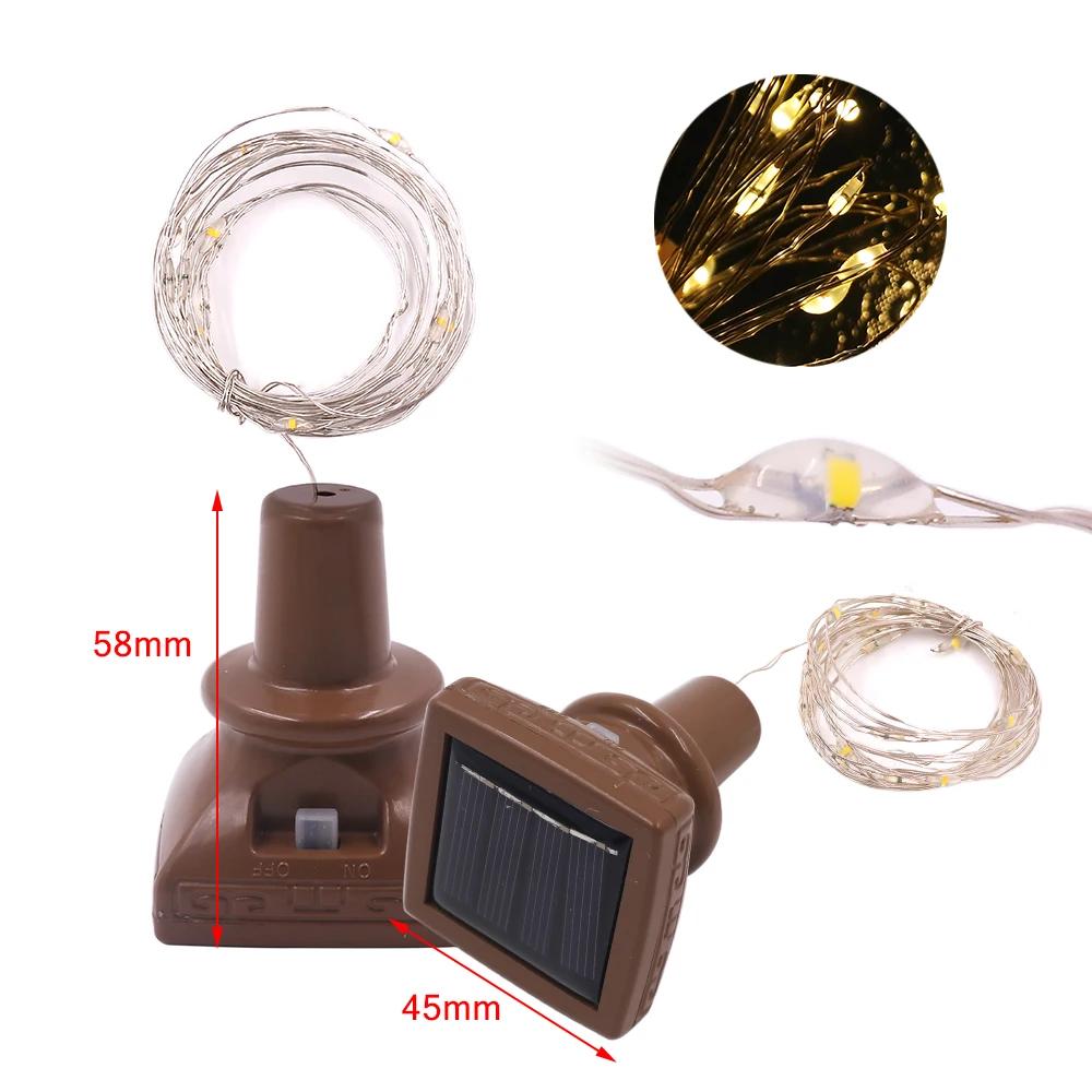 Corcho de botella de vino, alambre de cobre, luces de hadas, guirnalda de luz Solar estrellada, luz de Navidad, 2m, 20 LED, 1m, 10 LED