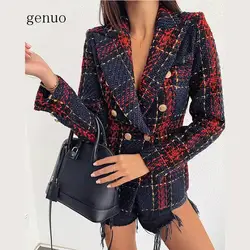 Women Notched Collar Double-breasted Plaid Blazer Long Sleeve Plaid Tweed Jacket Coat Elegant Office Ladies Outwear Winter Coats