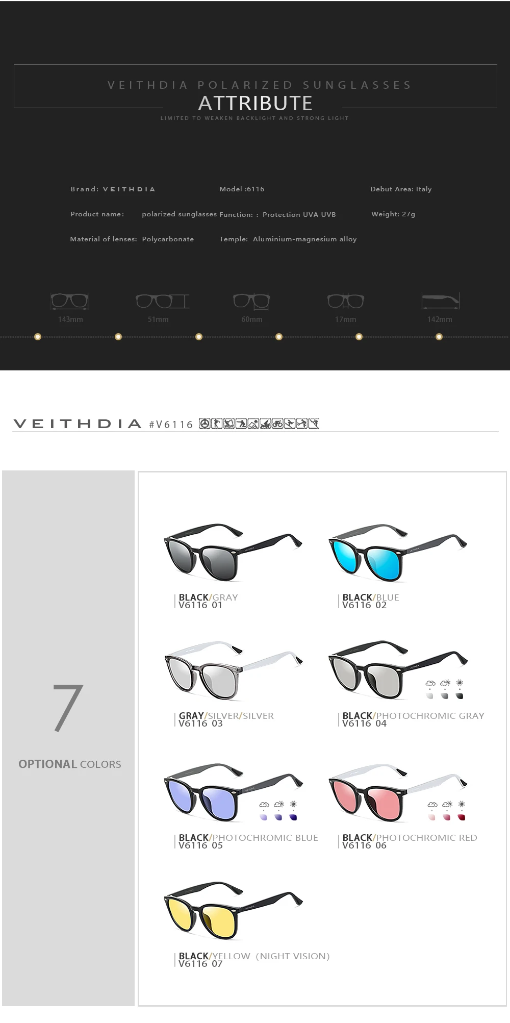 VEITHDIA Marke Sonnenbrille Aluminium + TR90 männer Photochrome Spiegel Sonnenbrille Brillen Vintage Outdoor Brillen Für Frauen 6116 – Detail 4
