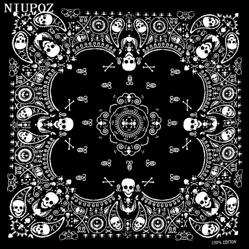 New Design Fashion Hip Hop 100% Cotton Skull Bandana Square Scarf Black Paisley Bicycle Headband For Women/Men/Boys/Girls