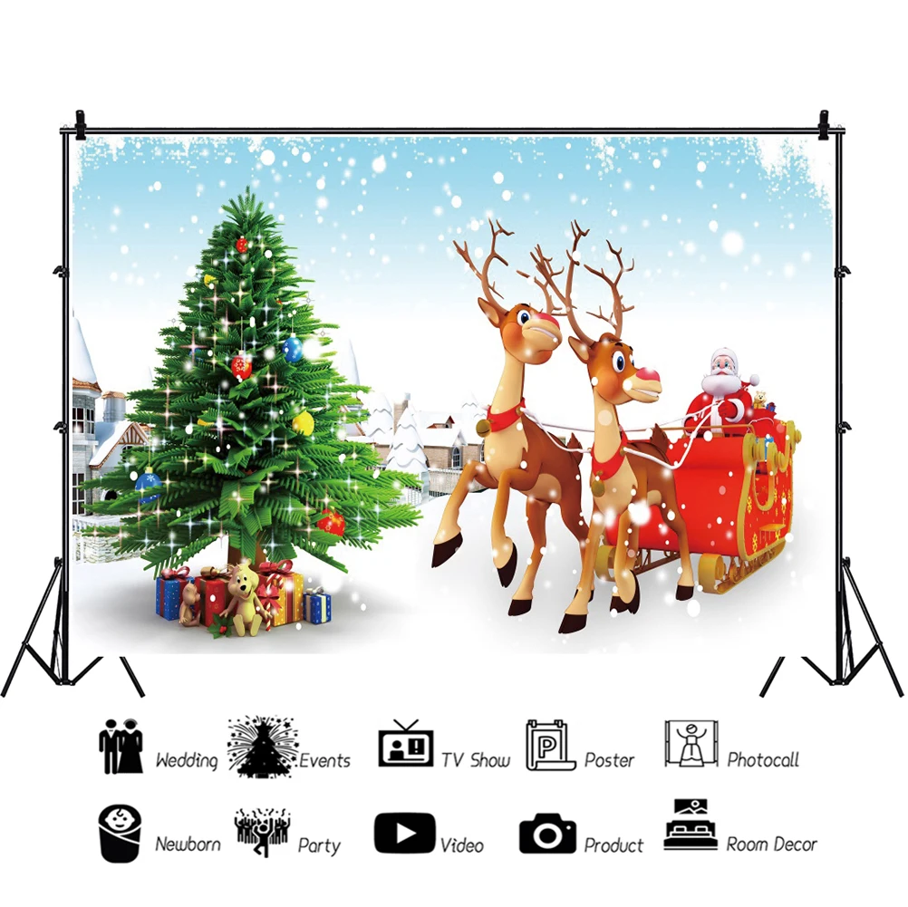 Laeacco การ์ตูนคริสต์มาสพื้นหลัง Baby Room Decor Santa Claus Sleigh Tree ของขวัญถ่ายภาพฉากหลังสำหรับ Photo Studio