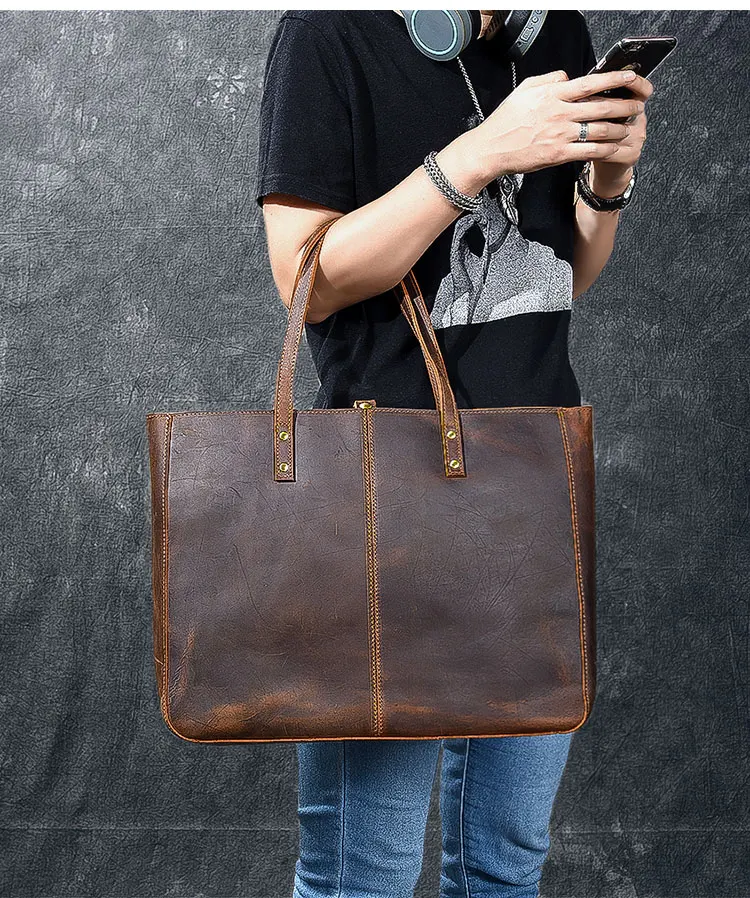 

Vintage crazy horse leather handbag for women big capacity cowhide tote soft cow leather shoulder bag female large travel bags