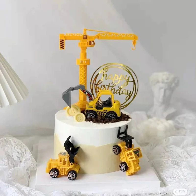 Engineering Vehicle Cake Decor Digging Machine Cake Toppers Crane Cake Decors Happy Birthday Party Decor Kids Boys Birthday Toys