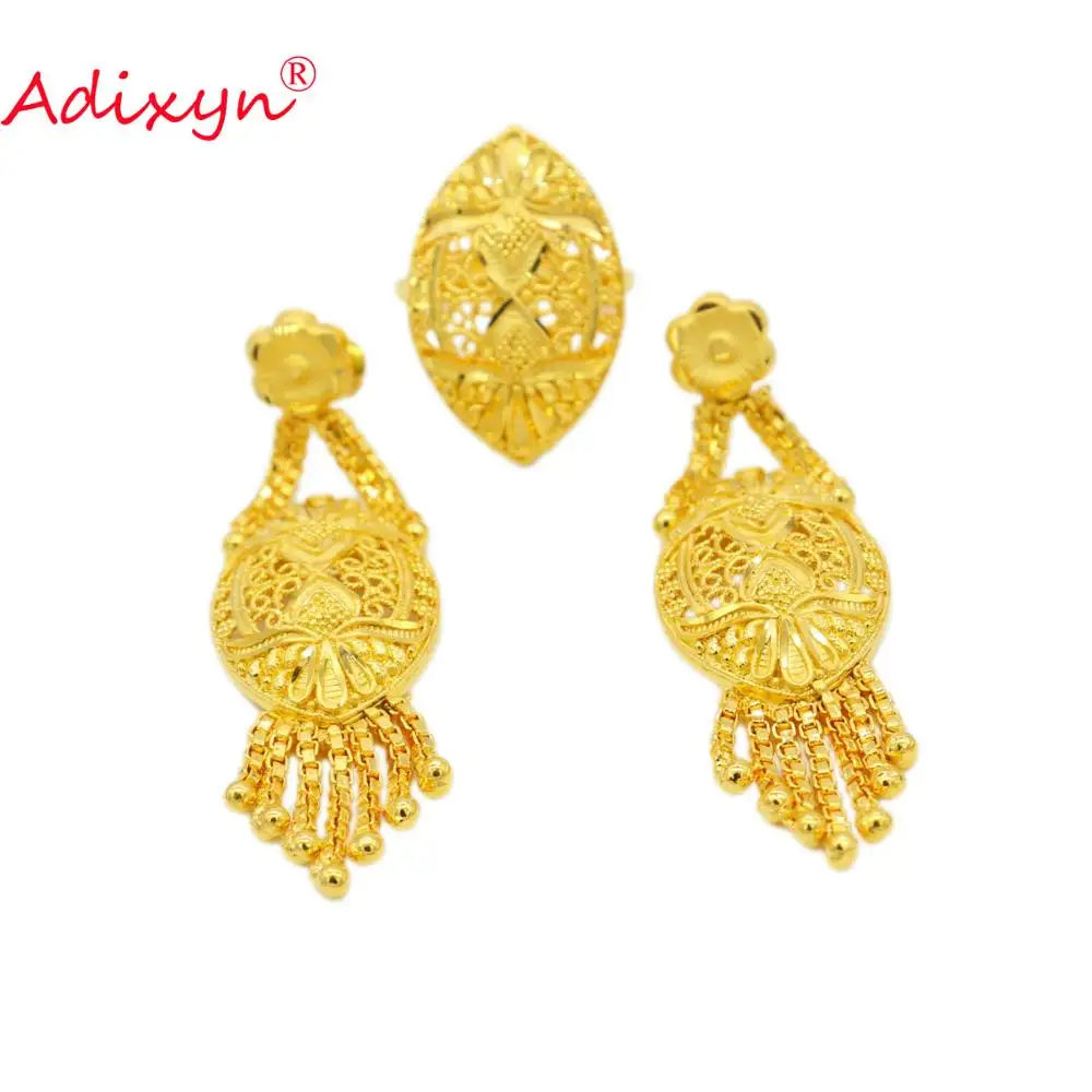 Adixyn Tassels India Ring/Earring Jewelry Sets For Women/Girls Gold Color Arab/Ethiopian Jewelry Wedding Gifts N09165