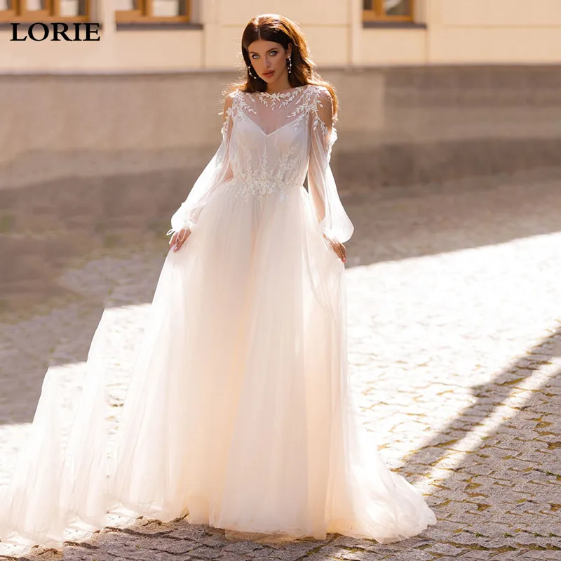 

LORIE Princess Wedding Dresses Soft Tulle Puff Sleeve movable Beach Bridal Gown Off The Shoulder Backless Boho Wedding Gowns