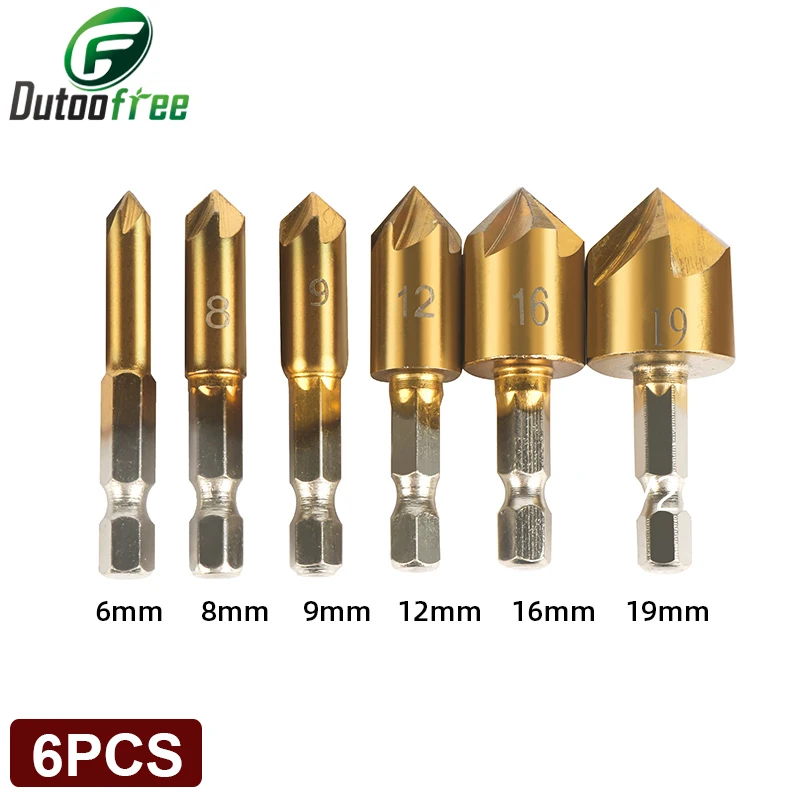 3-6PCS/Set HSS Chamfer Countersink Chamfer Drill Bit 1/4