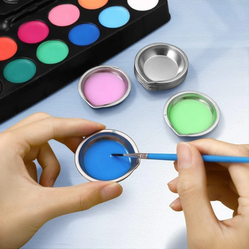 12Pcs Makeup Palette Stainless Steel Small Round Paint Tray Artist Watercolours Paint Mixing Palette Tray for Artist