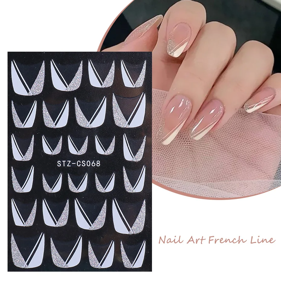 Glitter Franse Lijn Nail Stickers Zilver Wit Schuine Strip Decals Slider 3D Ster Hart Glanzende Decoratie Nail Tips NLSTZ-CS068