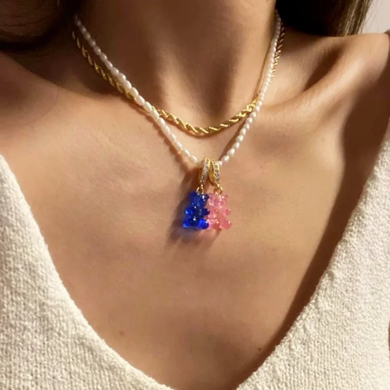 HANGZHI 2021 INES New Cute Color Gummy Bear Acrylic Pendant Choker Clavicle Chain Necklace Party Fashion Jewelry for Women Girls