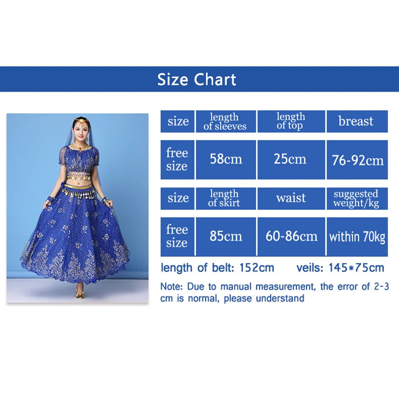 Sari Indian Bollywood Dancewear Dress Costume Women Belly Dance Oriental Performance Clothes Chiffon Dance Set Top+Belt+Skirt