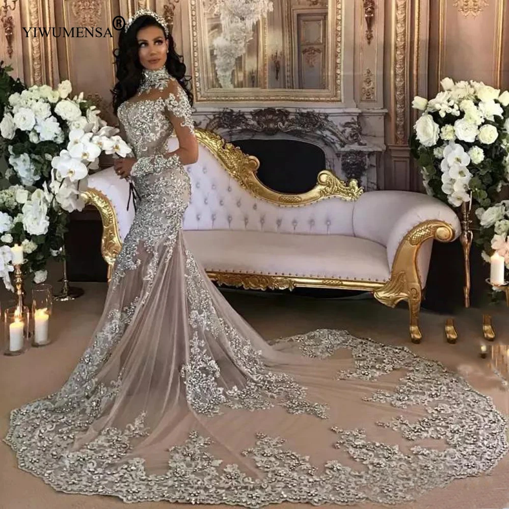 Gaun Pernikahan Putri Duyung Arab Dubai Gaun Pengantin Lengan Penuh Ilusi Leher Tinggi Applique Mutiara Manik-manik Bling Pesta Formal Wanita