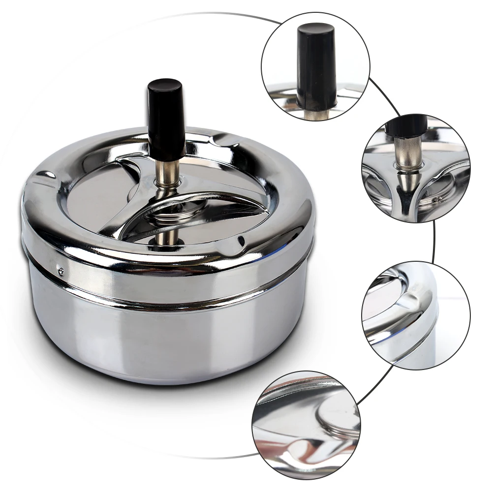 For Home Office Hotel Cigarette Ashtray Press Rotating Lid Spinning Plain Ashtray Cigarette Ash Tray Stainless Steel