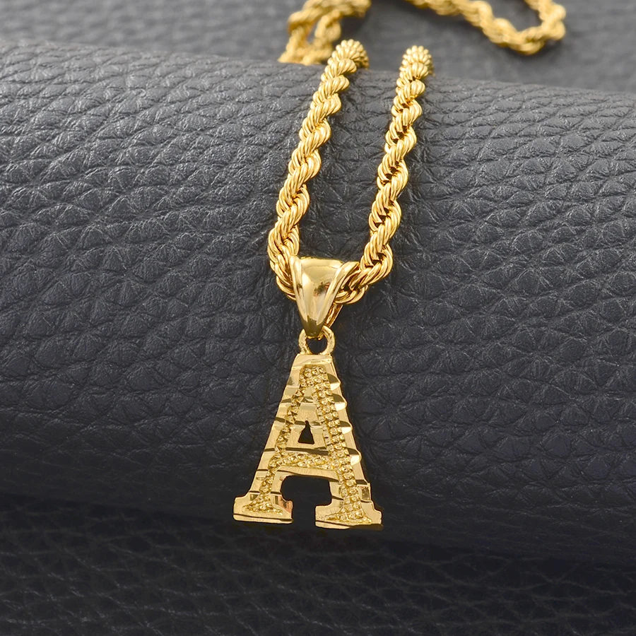 Anniyo A-Z Letters Necklaces Women Men Gold Plated Initial Pendant Rope Chain English Letter Jewelry Alphabet African #058002B