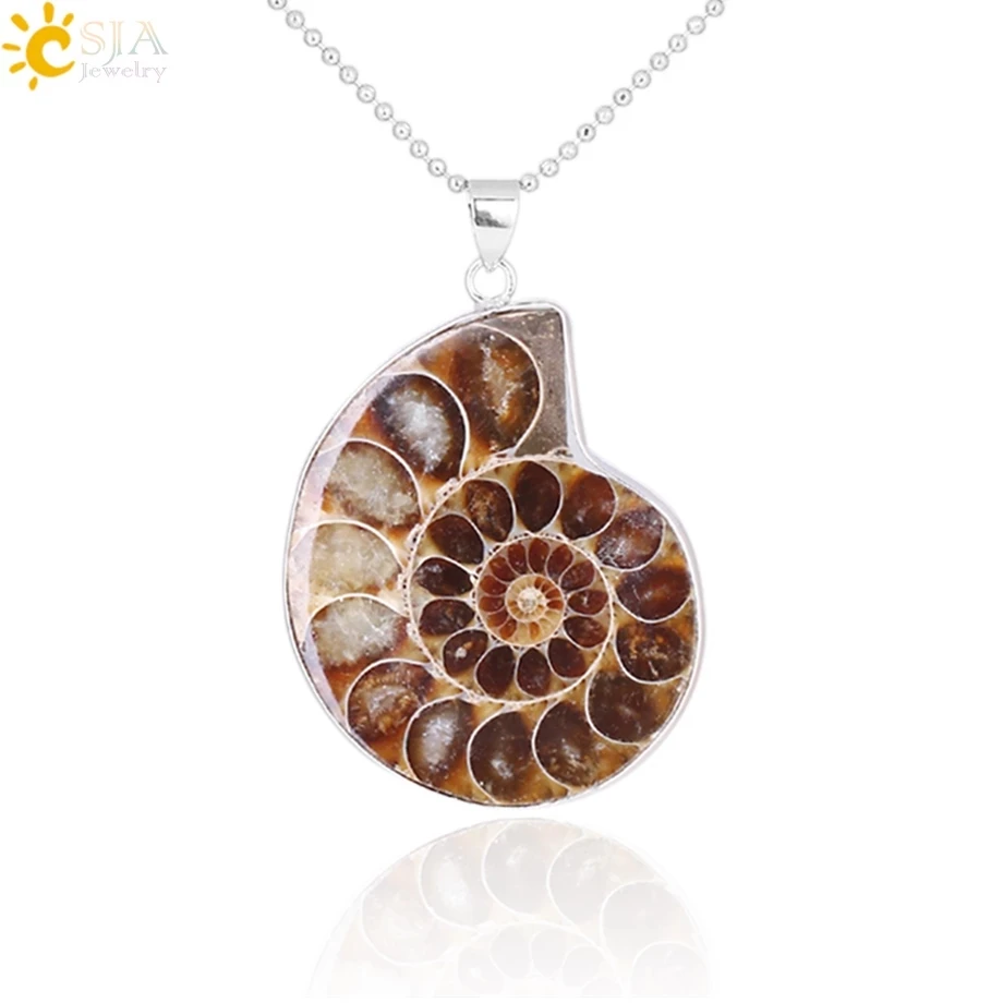 CSJA Vintage Natural Stones Pendants Ammonite Seashell Snail  Ocean  Conch Animal Necklace Statement Men Summer Jewellery E252