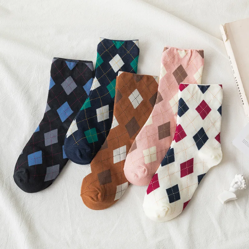 Women Sock Rhombus Woman Socks Short Plaid Womans Crew Casual Cotton Sox Girls Diamond Trendy Vintage Skarpetki Calcetines Mujer