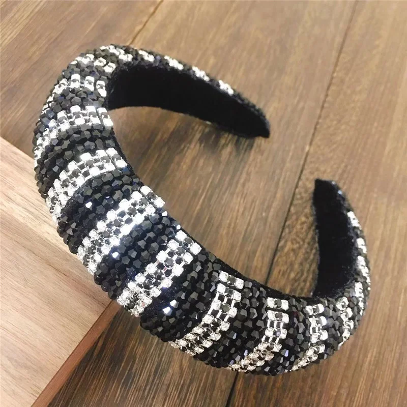 Fashion Baroque Sparkly Padded Rhinestones Headbands Crystal Hairbands Black Wide Diamond Headwear Hair Accessories Women