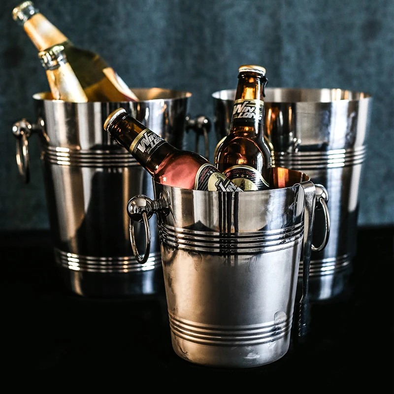 Stainless Steel Thickened Ice-pail Cooler Box, Thickening Champagne Bucket, Wine Cooler for Hotel and Bar