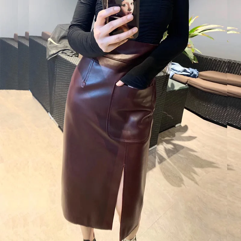 Elegant High Waist Genuine Leather Skirt Korean Style Pocket 2023 New Arrival Autumn Winter Trendy Real Sheepskin Skirt Female