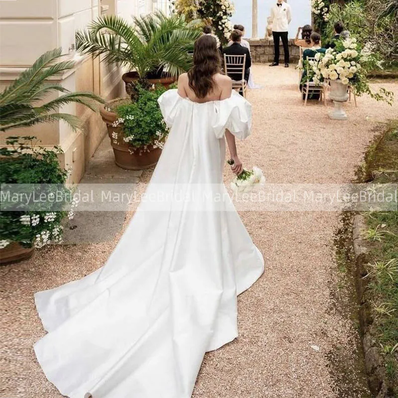 Vestido de novia de satén romántico con hombros descubiertos, manga abombada corta, cola de Cinta Larga, cola de sirena, para novia