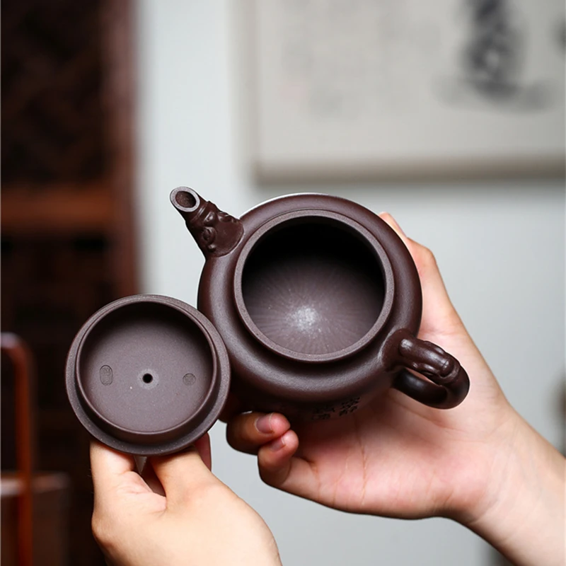 true yixing zisha tea pot marked with certificate paper classic 7 infuser holes original ore purple grit handmade carved pot tea