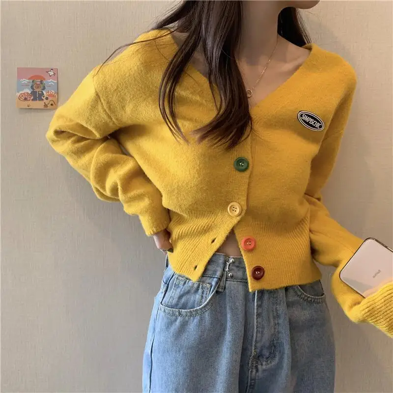 Knit Korean Crop Sweaters Cardigan For Women Oversize Long Sleeve Top Knitwear Autumn Short Outerwear Ladies Clothes V Neck