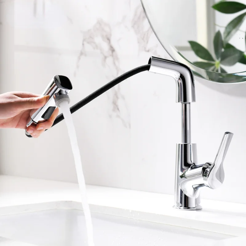 The New Multi-functional Rotating and Retractable Hot and Cold Faucet Bathroom Mouthwash Lifting Pull-out Basin Faucet