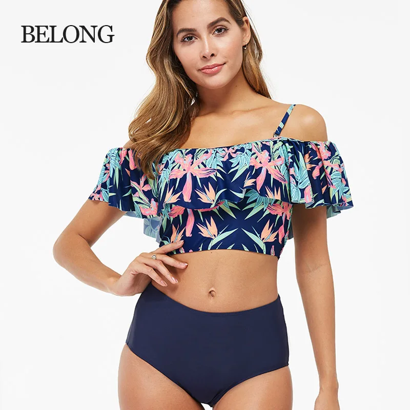 

2020 New Bikini Lotus Leaf Side High Waist PrintEd Body Swimsuit Women Sexy One Pieces Geometric Polyester