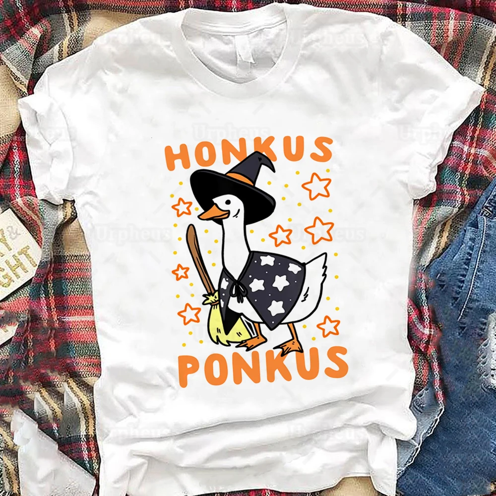 Halloween Witches Duck T-Shirt Cute Honkus Ponkus Funny Goose Witches Cotton Shirt