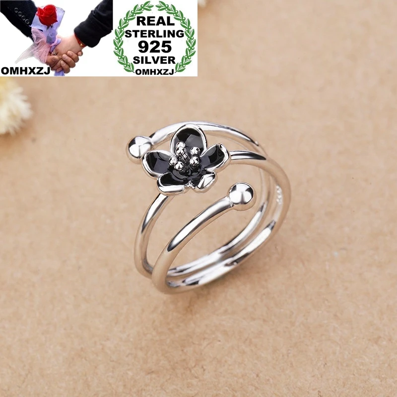 OMHXZJ Wholesale European Fashion Woman Girl Party Birthday Wedding Gift Vintage Black Flower Resizable Tai Silver Ring RR858