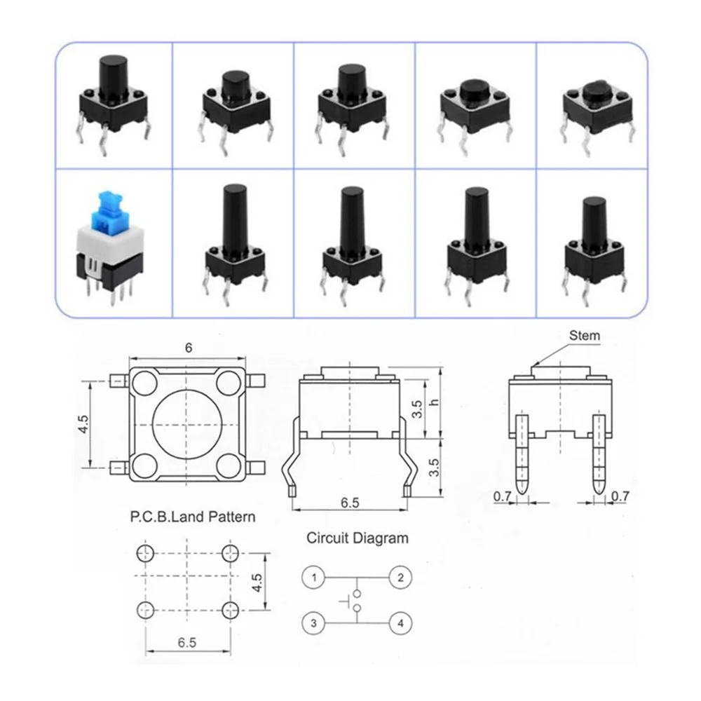 Juego de interruptores táctiles de luz, Kit surtido de interruptores de botón pulsador, accesorios para herramientas de bricolaje, 6x6 teclas de