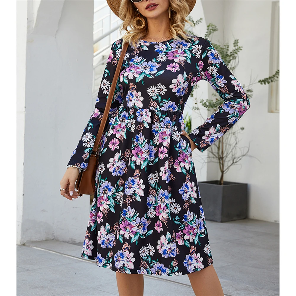 

Pdfmily 2020 Spring Floral Print Casual Dresses Women Temperament Commuter O-Neck Long Sleeve A-Line Loose Midi Dress New 1204