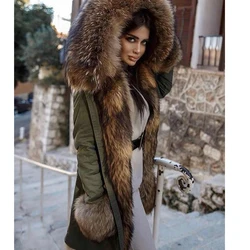 Abrigo de piel auténtica para mujer, parka con Cuello de piel, abrigo Natural con forro de piel de zorro y mapache, Parkas con capucha