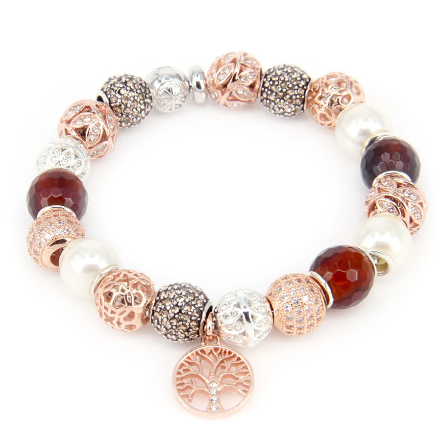 Thomas Style Rose Gold Sun, Pearl and Olive Tree Bracelet Beads with Tree Charm, Fashion Women Bracelet For Women TS B108