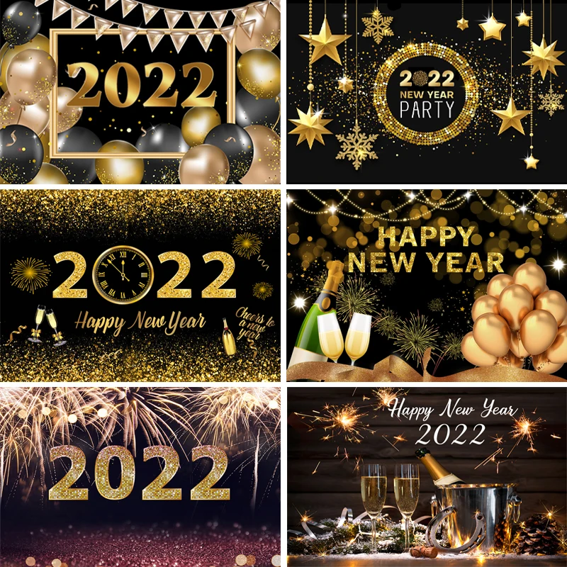 

Sensfun Black Gold Glitter Happy New Year 2022 Backdrop Firework Champagne Portrait Background Photozone Photography Photocall