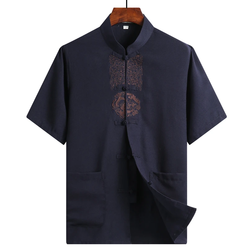 Summer men tang suit shirt tops cotton and linen middle-aged and thin men Tang suit men's short-sleeved chinese shirt hanfu men