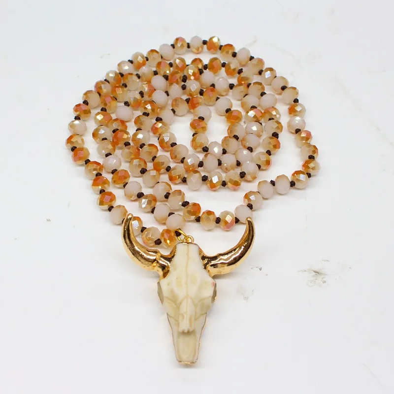 Bohemian Tribal Jewelry Long Knotted Handmade Paved Bull Head Pendant Necklace For Women Ethnic Beads Necklace Sweater Chain