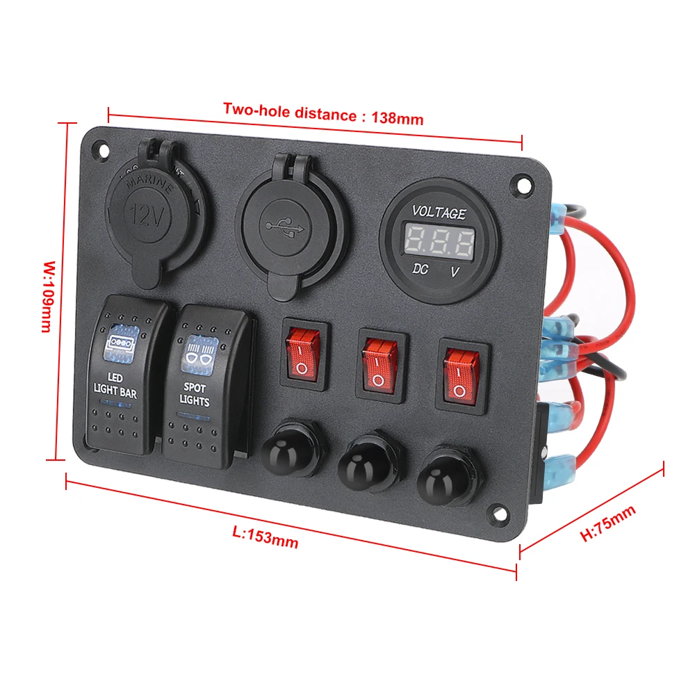 Car LED Breaker Dual USB Ports Digital Voltmeter 2+3 Gang Rocker Switch Panel