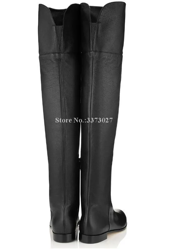 Black Leather Woman Flat With Long Boots Fashion Round Toe Over the Knee Knight Boots Lady Large Size Casual Boots