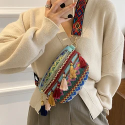 Women Folk Style Waist Bags with Adjustable Strap Variegated Color Fanny Pack with Fringe Decor