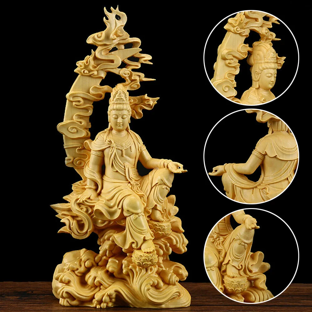 

Chinese Carving Crafts Kwan-yin Guanyin Buddha Statue Bodhisattva Sculpture Craft Wood Home Living Room Decor Accessories