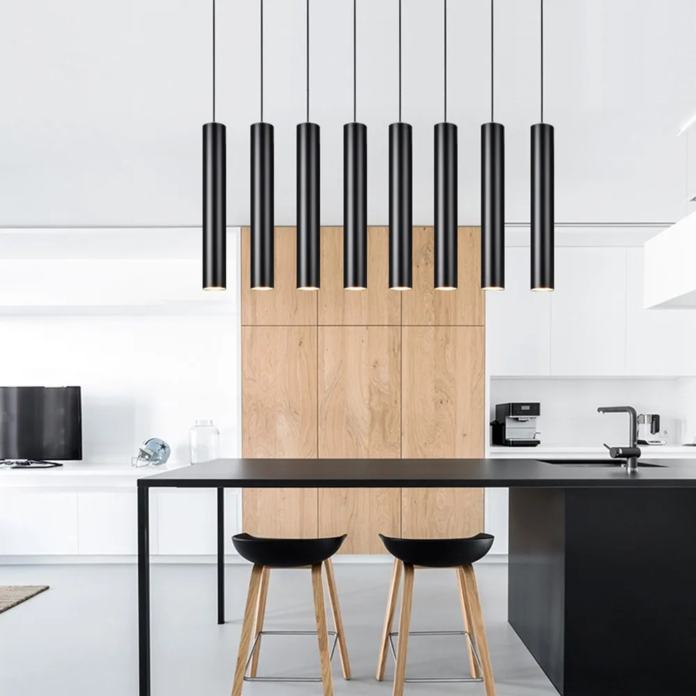 

Led Kitchen Island Pendant Lamp Long Tube lamp Dining Room Shop Bar Decoration Cylinder Pipe Hanging Light Kitchen Black Lamp