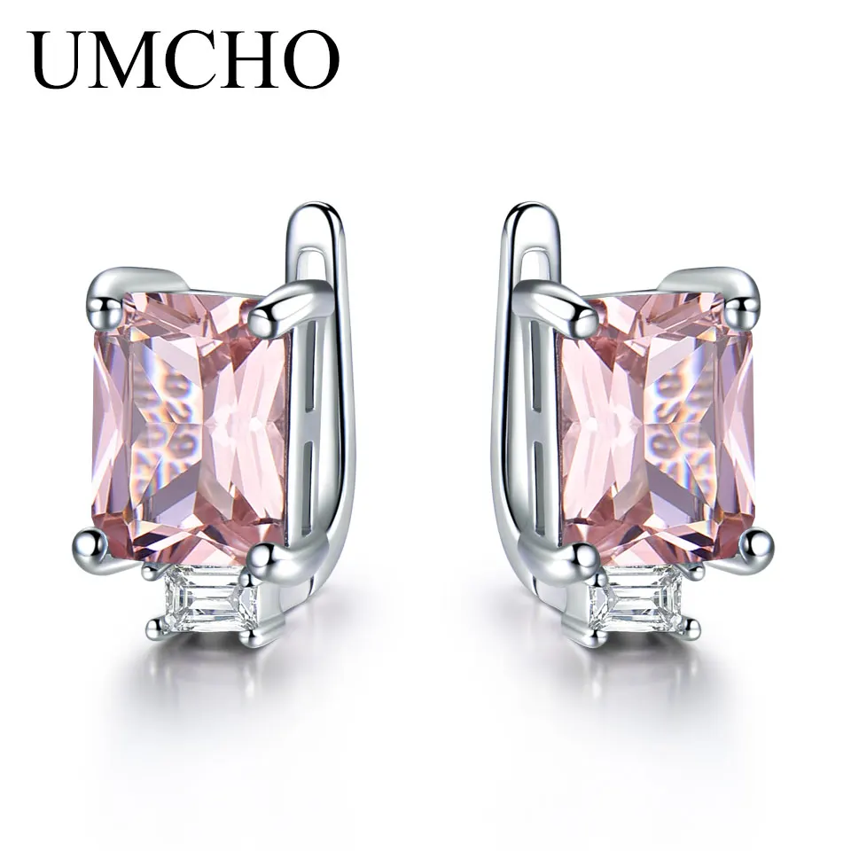 UMCHO Solid 925 Sterling Silver Clip Earrings For Women Rose Pink Morganite Gemstone Wedding Engagement Fashion Jewelry Gift