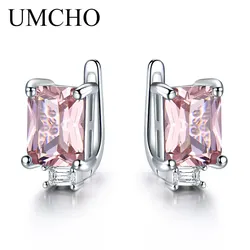 925 Sterling Silver Clip Earrings Pink Clip Earrings Rectangle Earring 6X8mm 5A Zircon Elegant Woman