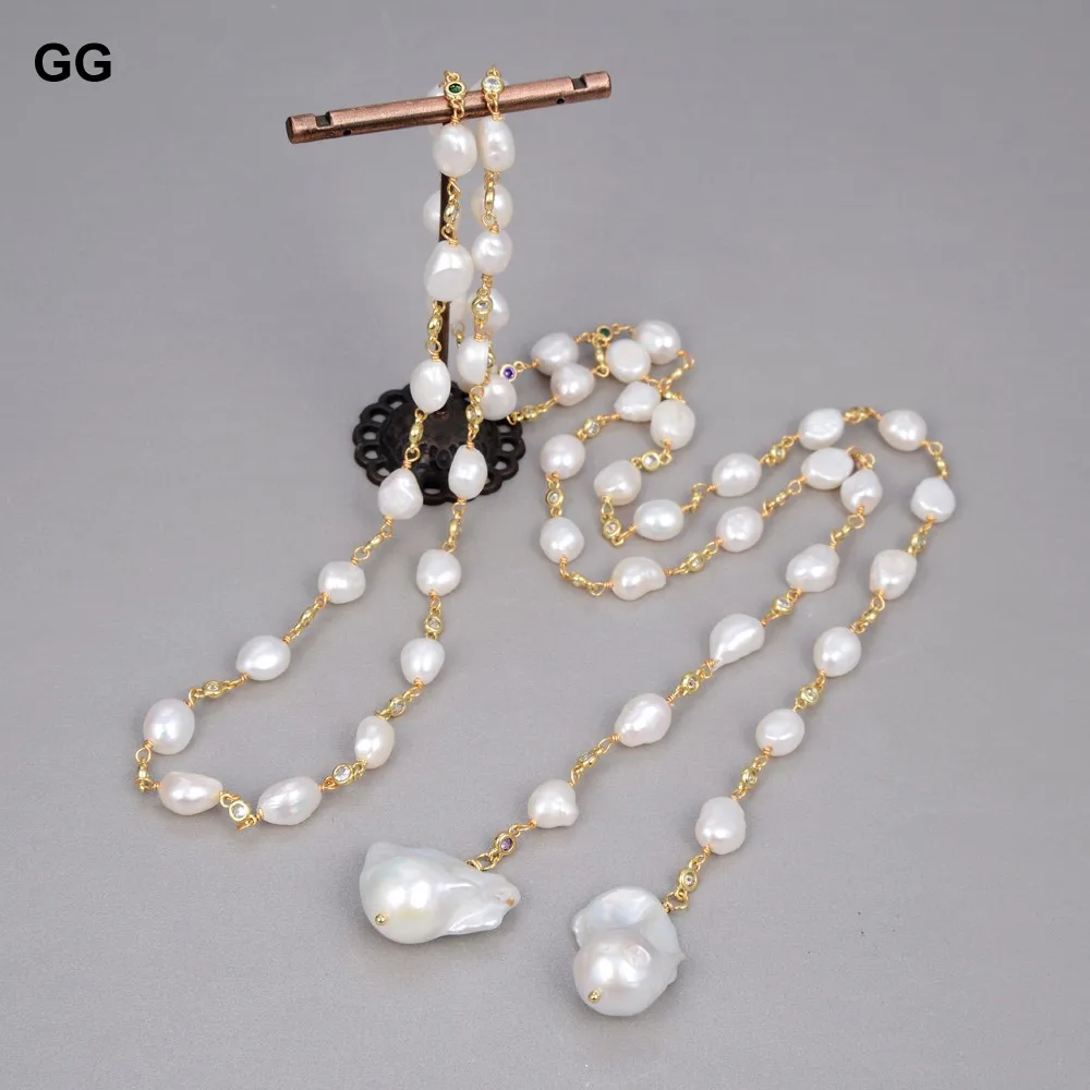 

128cm Freshwater White Keshi Pearl white baroque pearl Mixed Color Cubic Zirconia Pave Chain Long Necklace women jewelry