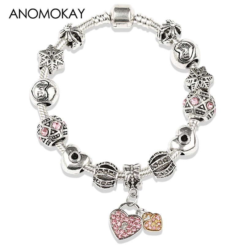 2019 Newest Vintage Silver Plated Love Heart Charm Bracelets for Women DIY Crystal Beads Fine Bracelet & Bangle Jewelry Gift