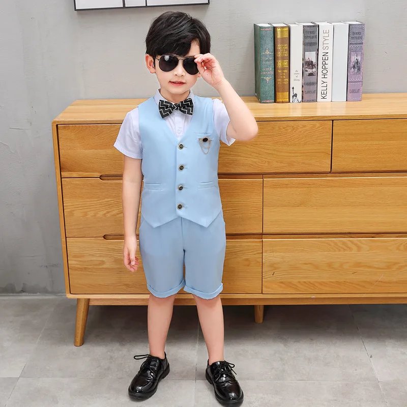 

Boys Girls Cool Summer Vest+Short 2Pcs Formal Wedding Suit Gentleman Kids Performance Dress Children Graduation Clothing Set