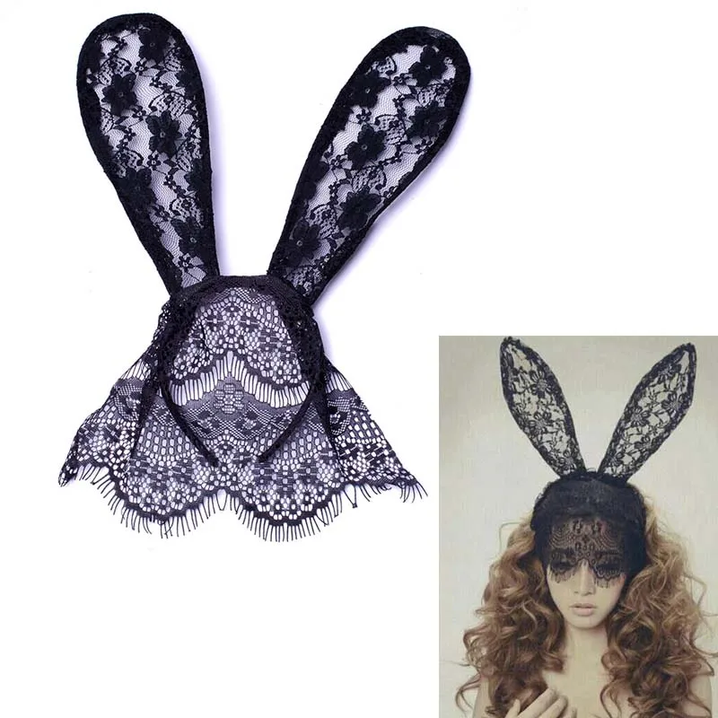 

Women Girl Hairbands Lace Bunny Rabbit Ears Veil Black Eye Mask Hen Party Headwear Hair Accessories Easter