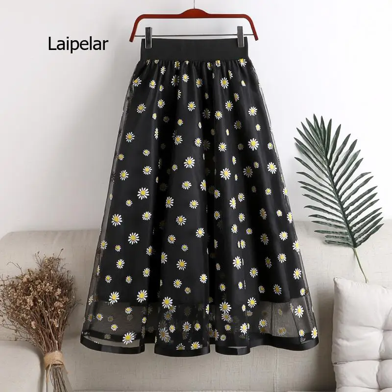 

Summer High Waist Long Fairy Woman Skirt Elegent Daisy Print Mesh Skirt for Women Chic Female Pleated Tulle Skirts Mujer Faldas